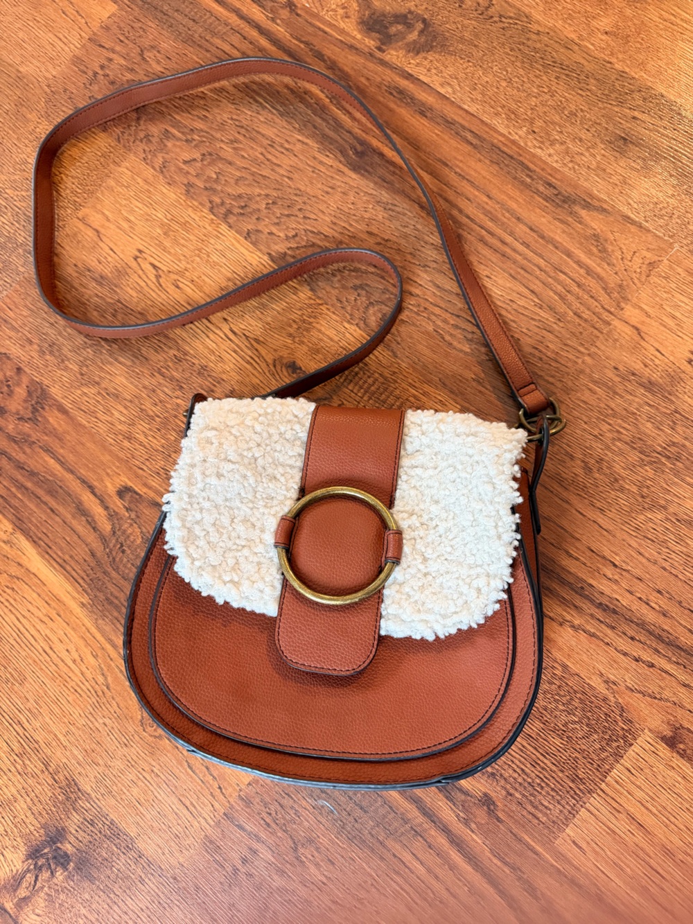 A.n.a Shearling Accent Brown Crossbody Bag with Gold Ring Detail